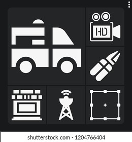 Set of 6 industry filled icons such as video camera, edit, delivery truck, car battery, antenna