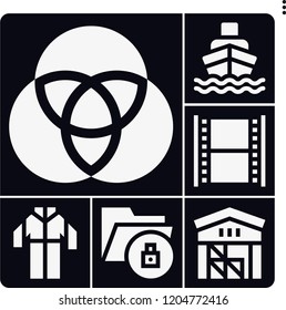 Set of 6 industry filled icons such as warehouse, ship, cmyk, coverall, film