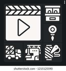 Set of 6 industry filled icons such as clapperboard, ticket office, shipping and delivery, spool of thread, sewing machine