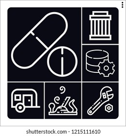 Set of 6 industry outline icons such as wrench, carpentry, pulley, trailer, drugs
