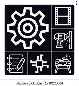 Set of 6 industry outline icons such as drill, carpenter, edit, gear, film