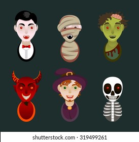Set of 6 infernal characters for the holiday of Halloween: vampire, mummy, zombie, demon, wizard, skeleton. Flat style, avatars