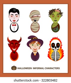 Set of 6 infernal characters for the holiday of Halloween: vampire, mummy, zombie, demon, wizard, skeleton. Flat style, faces