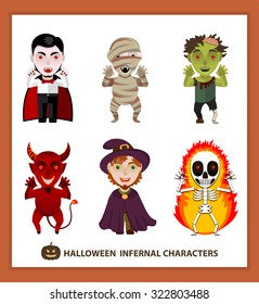 Set of 6 infernal characters for the holiday of Halloween: vampire, mummy, zombie, demon, wizard, skeleton. Flat style, white background