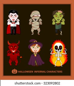 Set of 6 infernal characters for the holiday of Halloween: vampire, mummy, zombie, demon, wizard, skeleton. Flat style, black background 