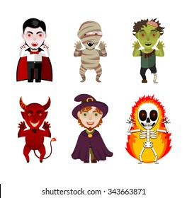 Set of 6 infernal characters: vampire, mummy, zombie, demon, wizard, skeleton. Flat style, white background, vector illustration