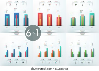 Set of 6 infographic design templates with histograms, bar graphs and lettered text boxes. Timeline, company revenue growth, business development progress concepts. Vector illustration for report.