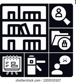 Set of 6 information filled icons such as presentation, access, feedback, bookshelf, search