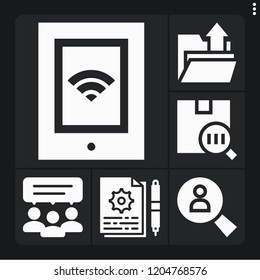 Set of 6 information filled icons such as instructions, barcode, feedback, tablet, upload