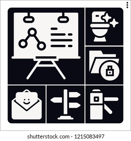 Set of 6 information filled icons such as analytics, access, toilet, road sign, feedback