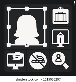 Set of 6 information filled icons such as user, no smoking, feedback, scan, monitor