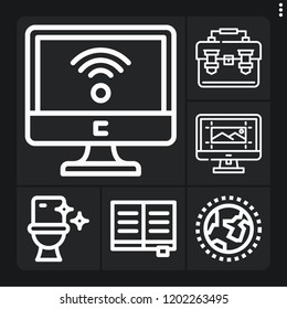 Set of 6 information outline icons such as book, wifi, computer, toilet, worldwide