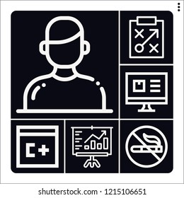 Set of 6 information outline icons such as user, analytics, no smoking, computer, computing