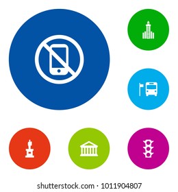 Set of 6 infrastructure icons set. Collection of traffic light, monument, no mobile device and other elements.