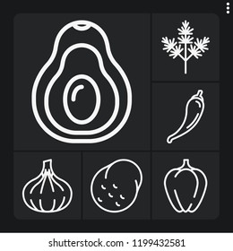 Set of 6 ingredient outline icons such as potato, avocado, dill, pepper, bell pepper