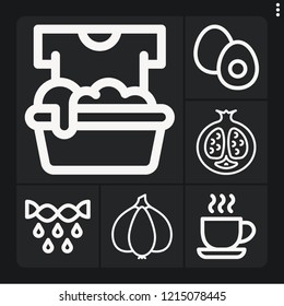 Set of 6 ingredient outline icons such as garlic, pomegranate, squeeze, soak, boiled egg