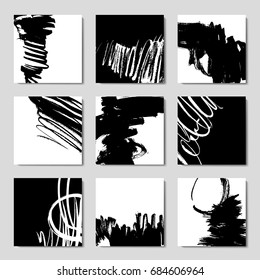 Set of 6 ink brush pattern, modern grunge brush design templates, invitation, banner, art vector cards design in black