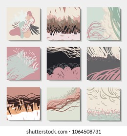 Set of 6 ink brush patterns, abstract art, modern grunge brush design templates, invitation, banner, vector cards design