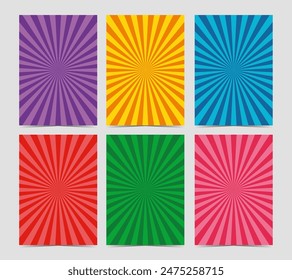 Set of 6 inspired vertical posters, different colors sunburst. Purple, yellow, blue, red, green, pink paper backgrounds for collages. Circus Background Templates