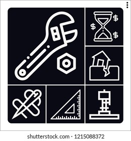 Set of 6 instrument outline icons such as wrench, hourglass, set square, earthquake, earthquake machine