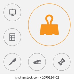 Set of 6 instruments icons set. Collection of stapler, calculator, sharpener and other elements.