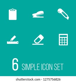 Set of 6 instruments icons set. Collection of cutter, calculator, clipboard and other elements.