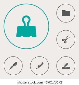 Set Of 6 Instruments Icons Set.Collection Of Highlighter, Paper  Clamp, Ink And Other Elements.