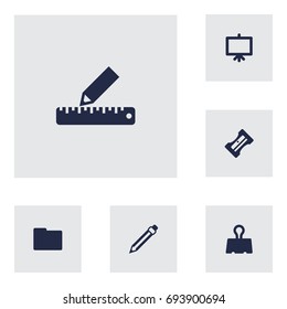 Set Of 6 Instruments Icons Set.Collection Of Supplies, Paper  Clamp, Pencil And Other Elements.
