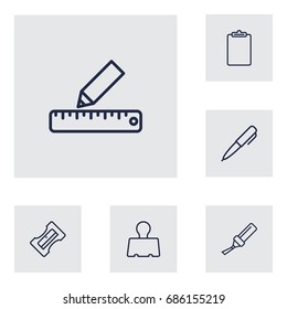 Set Of 6 Instruments Outline Icons Set.Collection Of Binder Clip, Pencil, Marker And Other Elements.