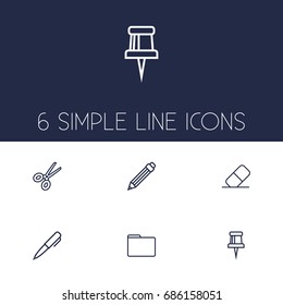 Set Of 6 Instruments Outline Icons Set.Collection Of Portfolio, Eraser, Pushpin And Other Elements.