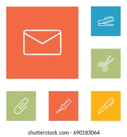 Set Of 6 Instruments Outline Icons Set.Collection Of Marker, Paper Clamp, Scissors And Other Elements.