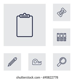 Set Of 6 Instruments Outline Icons Set.Collection Of Sharpener, File Folder, Sticky And Other Elements.