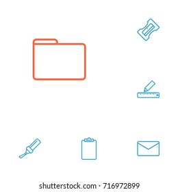 Set Of 6 Instruments Outline Icons Set.Collection Of Portfolio, Marker, Sharpener And Other Elements.