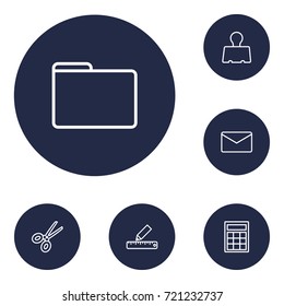 Set Of 6 Instruments Outline Icons Set.Collection Of Calculator, Portfolio, Binder Clip And Other Elements.