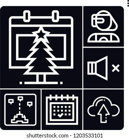 Set of 6 interface outline icons such as upload, calendar, game, cyborg