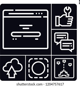 Set of 6 interface outline icons such as wrench, game, selection, chat, upload