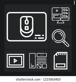Set of 6 interface outline icons such as search, mouse, youtube, interface, memory card