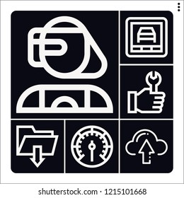 Set of 6 interface outline icons such as upload, wrench, cyborg, diagnostic, gauge