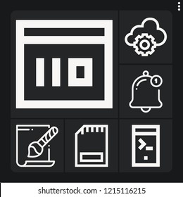 Set of 6 interface outline icons such as notification, svg file, browser, cloud computing, memory card