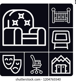 Set of 6 interior outline icons such as office chair, sofa, table, war shelter, theater
