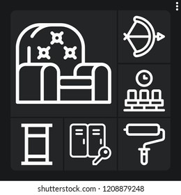 Set of 6 interior outline icons such as arch, sofa, waiting room, roller, lockers