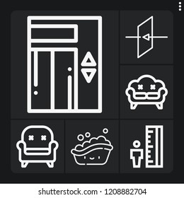 Set of 6 interior outline icons such as exit, elevator, tiny, armchair, sofa