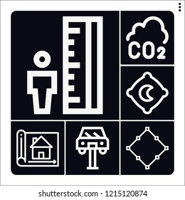 Set of 6 interior outline icons such as co, square, car repair, house plan, tiny