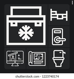 Set of 6 interior outline icons such as blueprint, fridge, bed, toilet, door knob