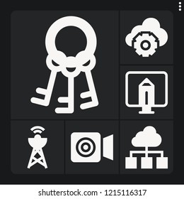 Set of 6 internet filled icons such as keys, monitor, antenna, cloud, cloud computing
