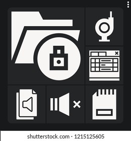 Set of 6 internet filled icons such as audio file, tabs, mute, data, memory card