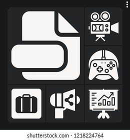 Set of 6 internet filled icons such as gamepad, video camera, analytics, left luggage, file