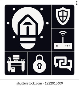 Set of 6 internet filled icons such as desk, safe, idea, wifi signal, lock