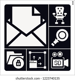 Set of 6 internet filled icons such as video camera, maximize, desk, zoom, message
