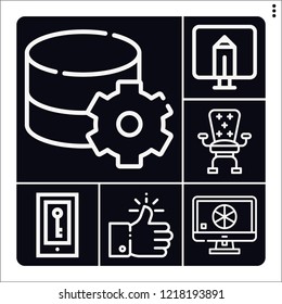 Set of 6 internet outline icons such as like, desk, computer, monitor, phone